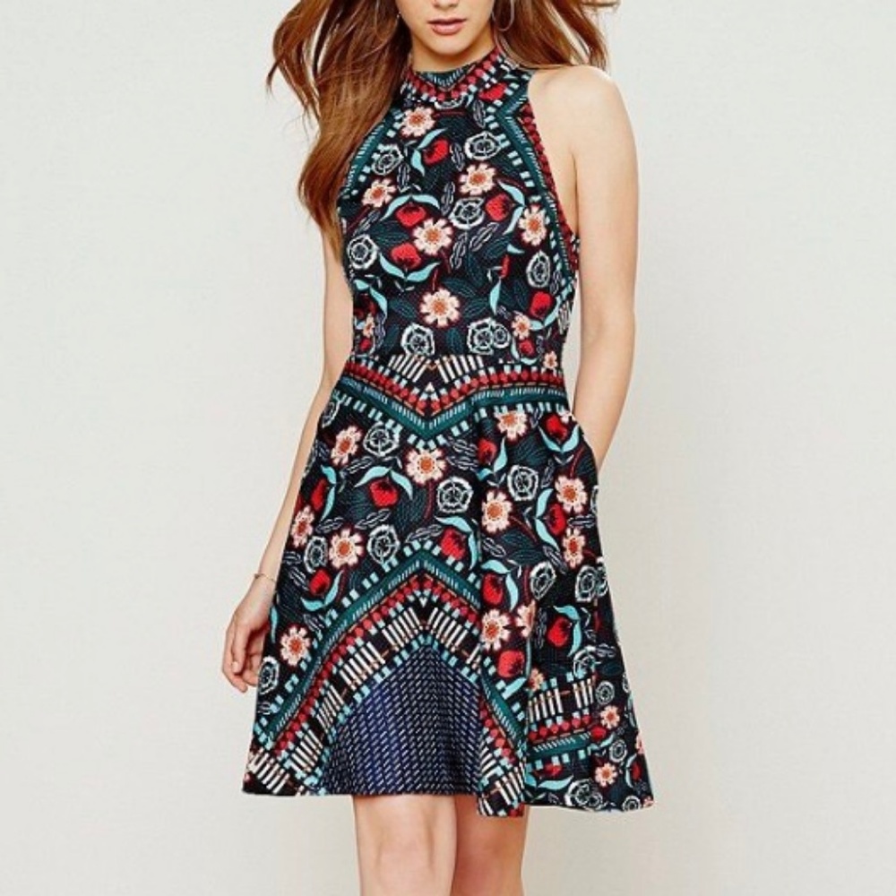 Floral Halter Fit & Flare Dress in Black